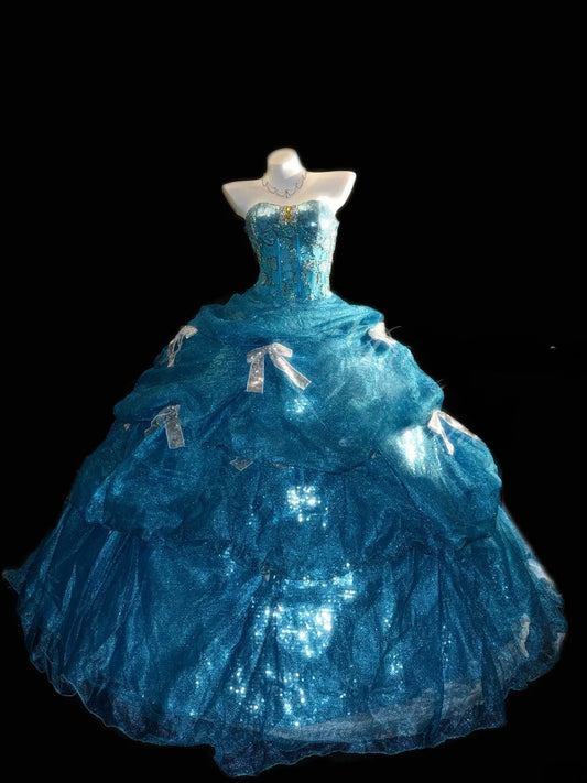 Princess Ball Gown Strapless Blue With Silver Beading Long Quinceanera Dress vestido de 15 de cenicienta RB3366