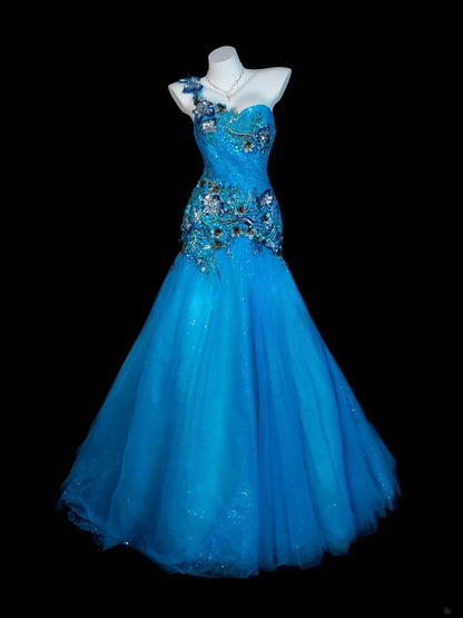 Blue Prom Dress Mermaid One Shoulder Lace Tulle Modest Floor Length Formal Party Gown RB9829
