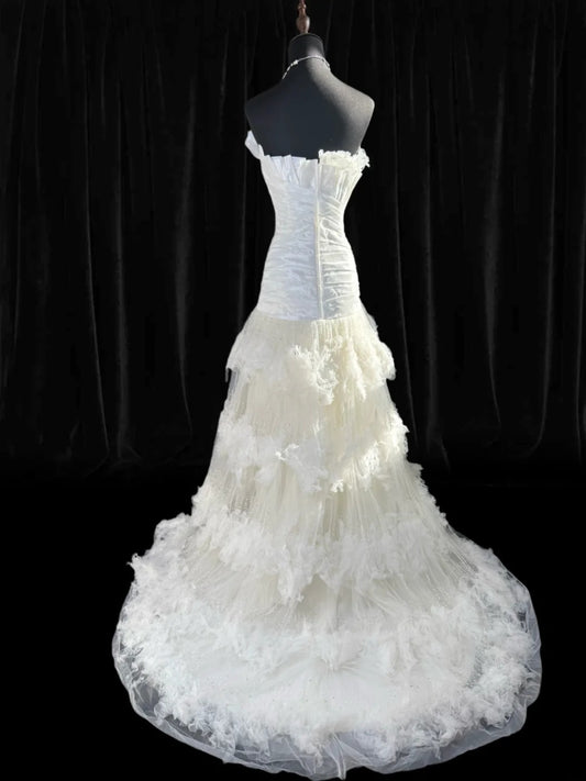 Timeless Women's Mermaid Strapless Sleeveless White Tulle Tiered Pleated With Beads Long Vintage Fitted 1920s Wedding Dresses AS024