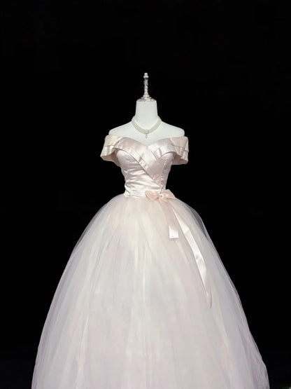 Fairytale Prom Dresses Ball Gown Off The Shoulder Light Pink Satin With Bow Evening Long Formal Dress RB7398