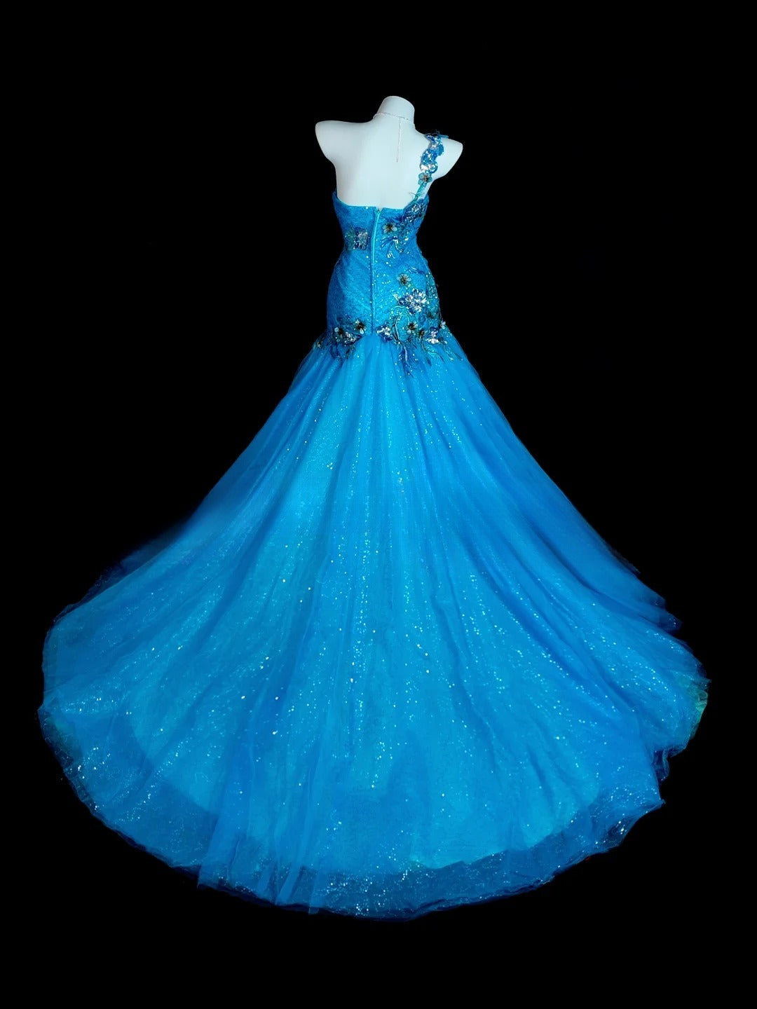 Blue Prom Dress Mermaid One Shoulder Lace Tulle Modest Floor Length Formal Party Gown RB9829