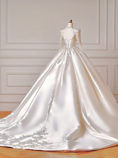 Princess Long Wedding Gowns Ball Gown V Neck Satin for Bride With Long Sleeves Beaded Bodice Bridal Dress AQ024