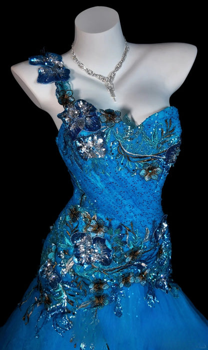 Blue Prom Dress Mermaid One Shoulder Lace Tulle Modest Floor Length Formal Party Gown RB9829