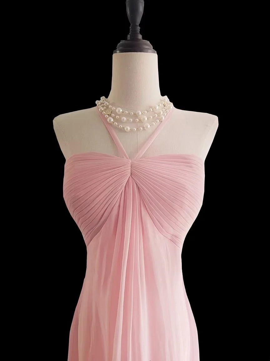 Classic Mermaid Halter Pink Chiffon Sleeveless Long Prom Dresses High School Senior Graduation Dance Evening Outfits AS024