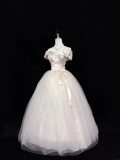 Fairytale Prom Dresses Ball Gown Off The Shoulder Light Pink Satin With Bow Evening Long Formal Dress RB7398