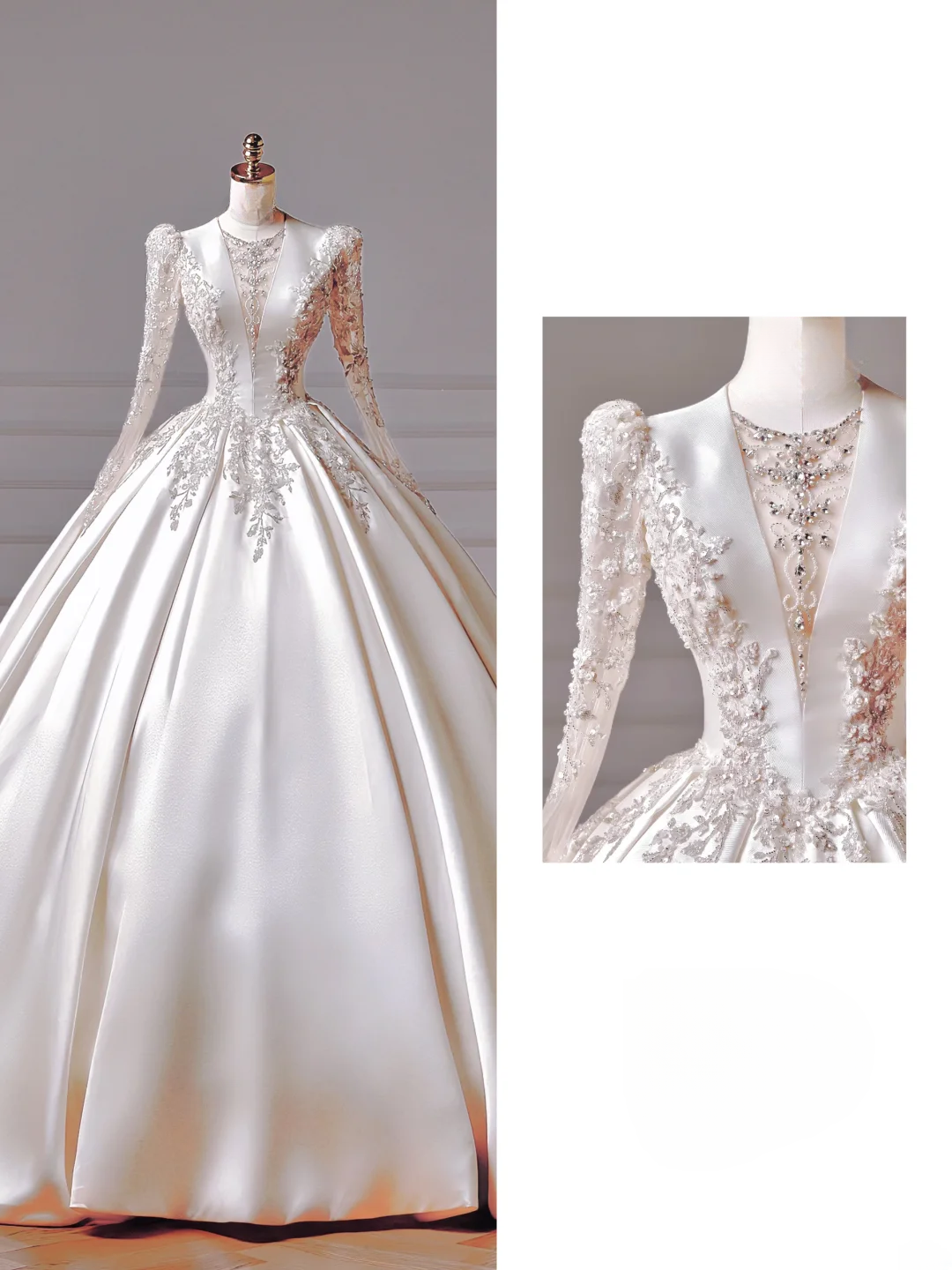 Princess Long Wedding Gowns Ball Gown V Neck Satin for Bride With Long Sleeves Beaded Bodice Bridal Dress AQ024