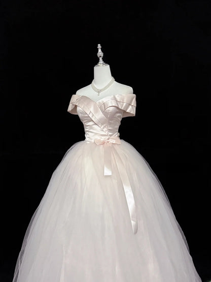 Fairytale Prom Dresses Ball Gown Off The Shoulder Light Pink Satin With Bow Evening Long Formal Dress RB7398