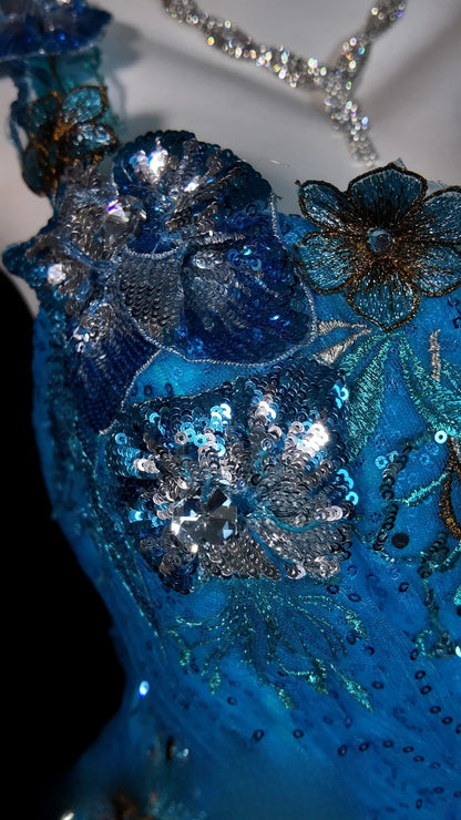 Blue Prom Dress Mermaid One Shoulder Lace Tulle Modest Floor Length Formal Party Gown RB9829