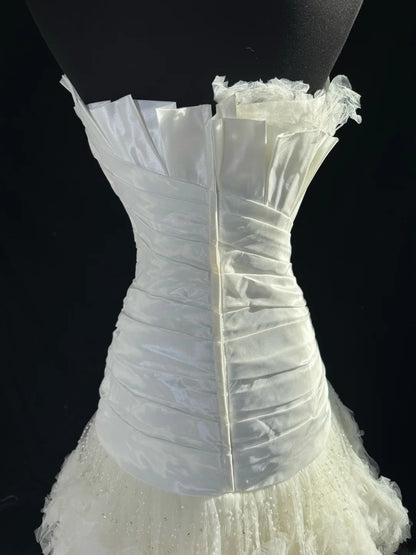Timeless Women's Mermaid Strapless Sleeveless White Tulle Tiered Pleated With Beads Long Vintage Fitted 1920s Wedding Dresses AS024