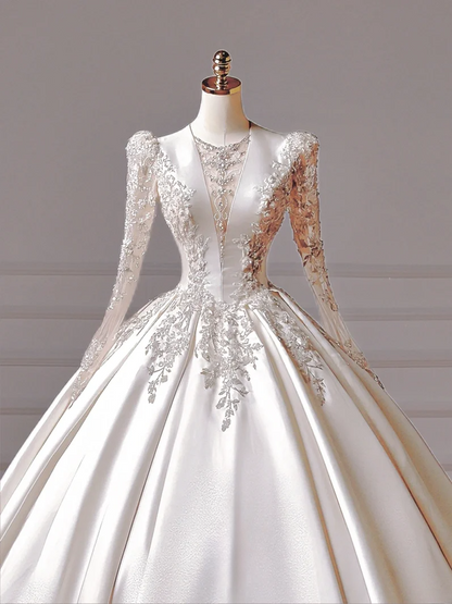 Princess Long Wedding Gowns Ball Gown V Neck Satin for Bride With Long Sleeves Beaded Bodice Bridal Dress AQ024
