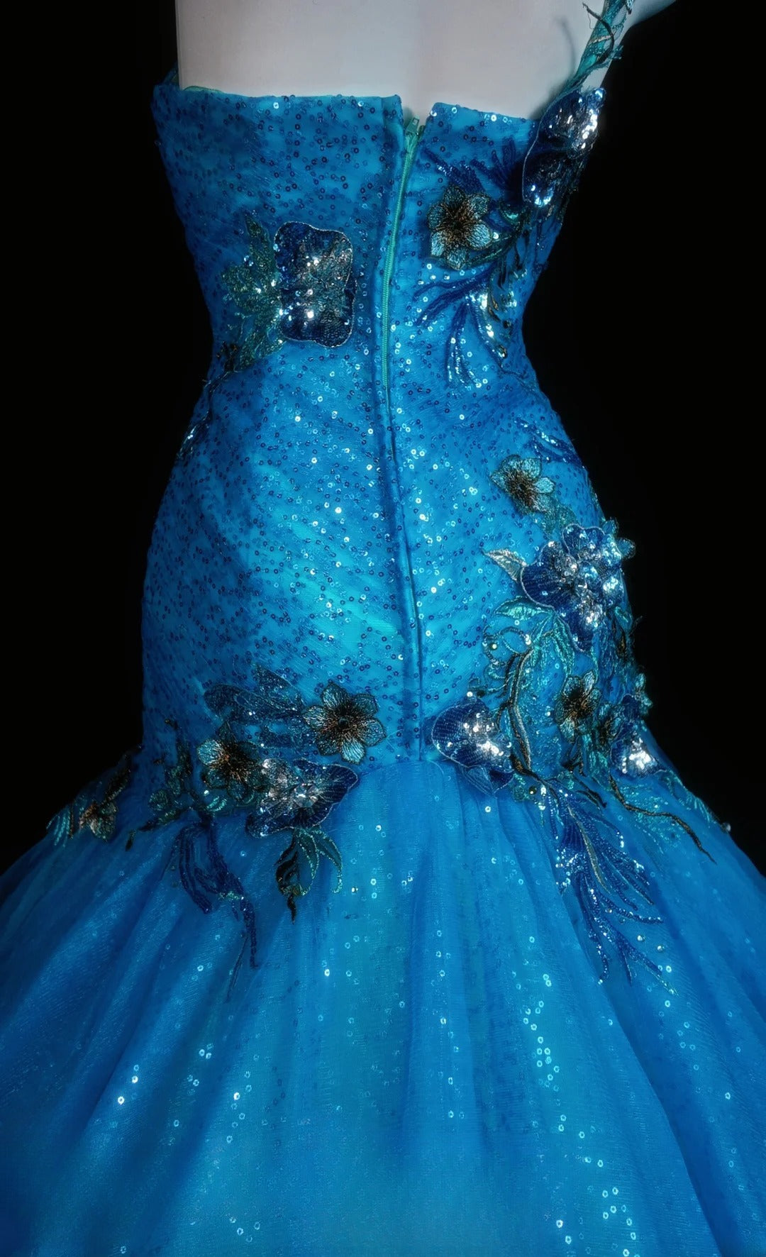 Blue Prom Dress Mermaid One Shoulder Lace Tulle Modest Floor Length Formal Party Gown RB9829