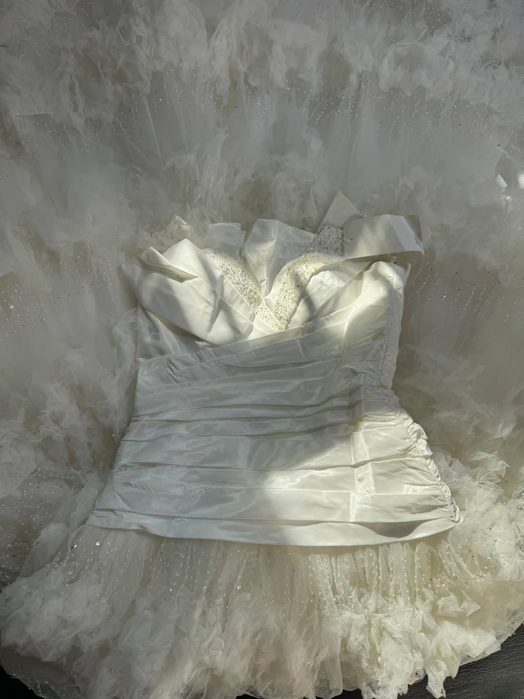 Timeless Women's Mermaid Strapless Sleeveless White Tulle Tiered Pleated With Beads Long Vintage Fitted 1920s Wedding Dresses AS024