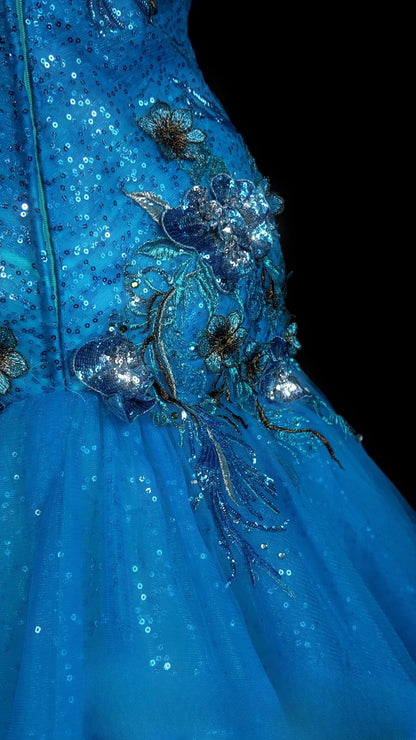 Blue Prom Dress Mermaid One Shoulder Lace Tulle Modest Floor Length Formal Party Gown RB9829