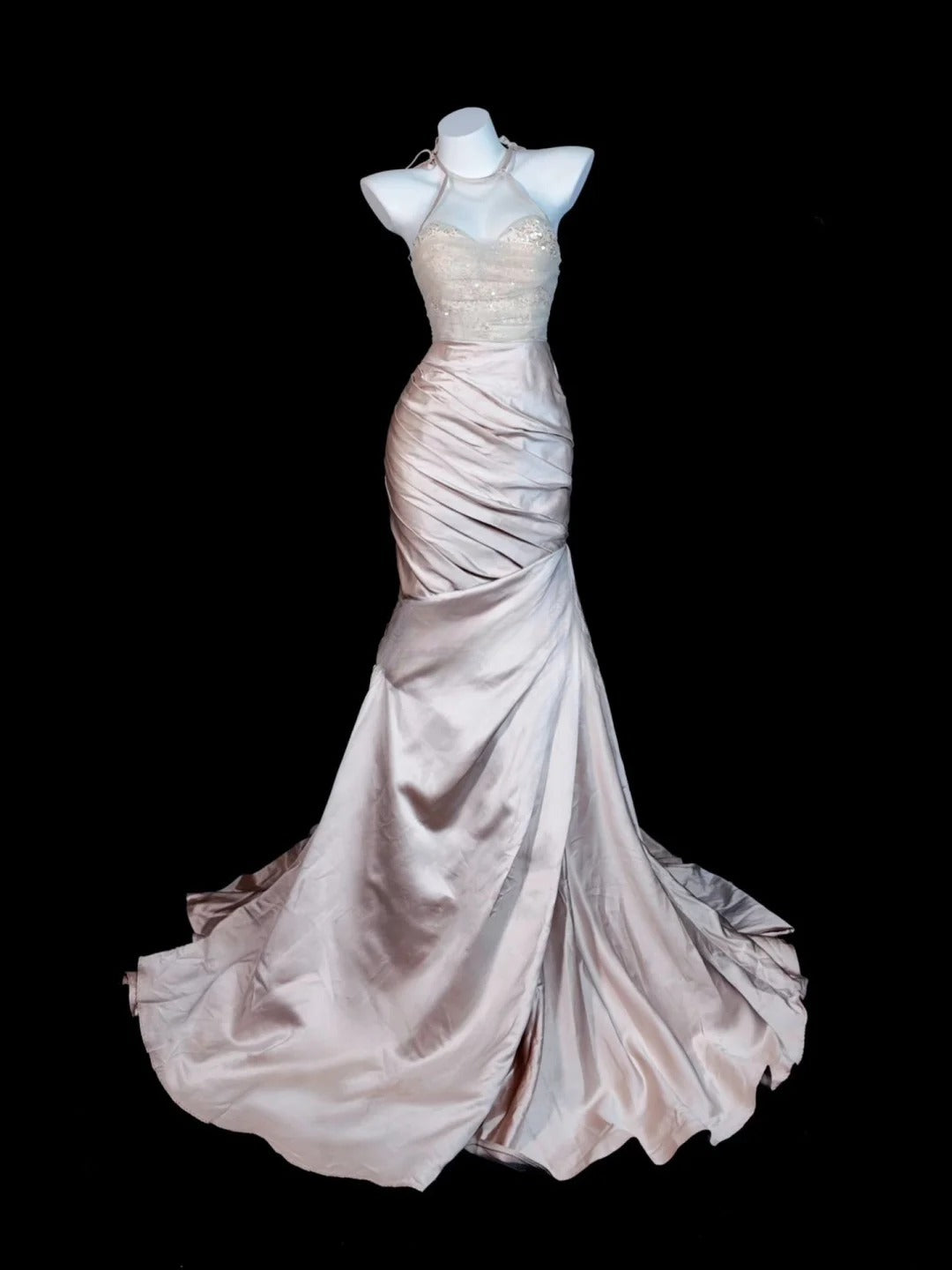 Lace Prom Dress Mermaid Halter Pink With Gold Beading Modest Floor Length Formal Party Gown RB9830