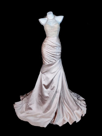 Lace Prom Dress Mermaid Halter Pink With Gold Beading Modest Floor Length Formal Party Gown RB9830