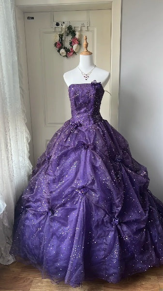 Sweet 16 Dresses Long Strapless Purple Tulle Floor Length Ball Gown Sweet Sixteen Birthday Gown RC0395
