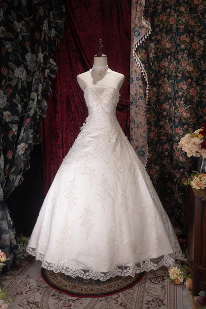 Vintage 80s Ball Gown Strapless Tulle White With Appliques Bow-knot Brides Gown Bridal Dress Wedding Dresses RB8050