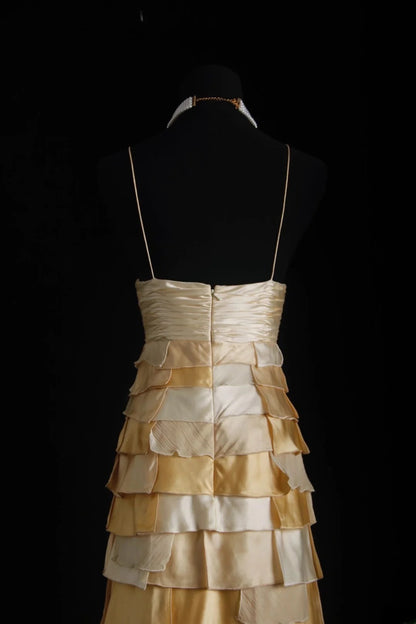 Vintage Prom Dresses 90s Formal A line Halter Gold Tiered With Beadings Long Party Gowns Prom Dresses AS025