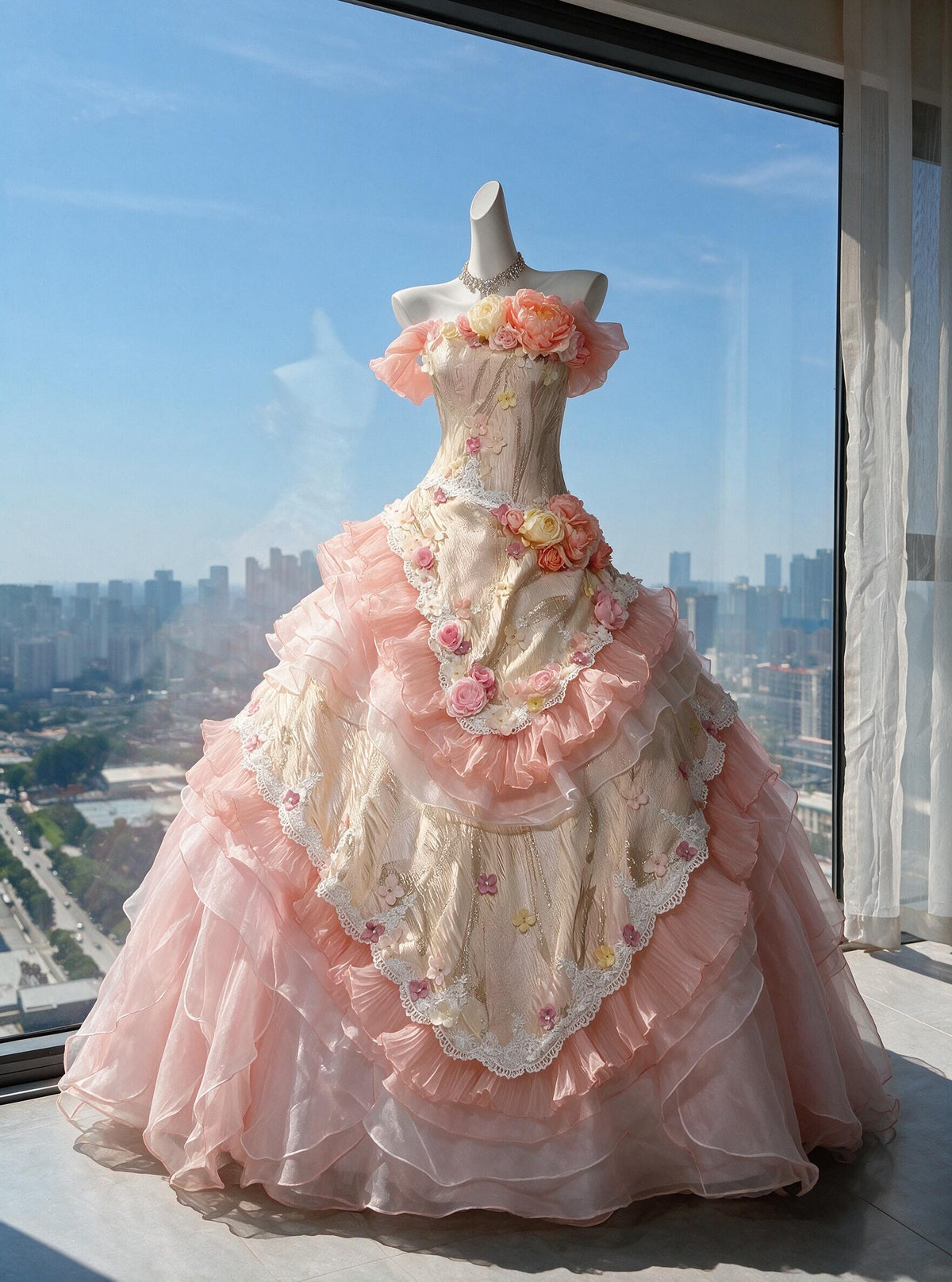 Fairy Quinceanera Dress Ball Gown Off The Shoulder Pink With Ruffled Tiered Flowers 16th Birthday Party Outfit RC0985