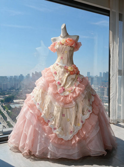 Fairy Quinceanera Dress Ball Gown Off The Shoulder Pink With Ruffled Tiered Flowers 16th Birthday Party Outfit RC0985