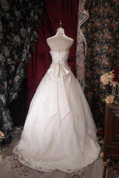 Vintage 80s Ball Gown Strapless Tulle White With Appliques Bow-knot Brides Gown Bridal Dress Wedding Dresses RB8050