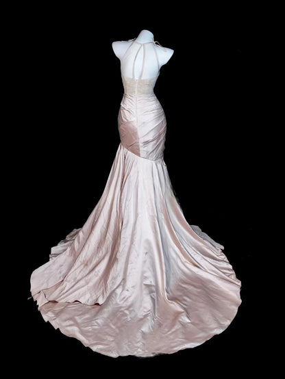 Lace Prom Dress Mermaid Halter Pink With Gold Beading Modest Floor Length Formal Party Gown RB9830