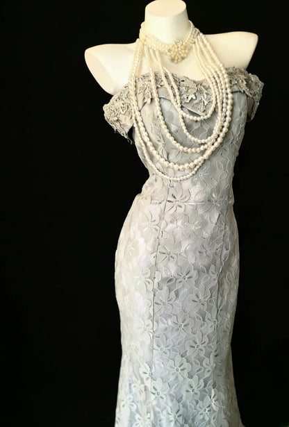 Vintage 90s Mermaid Off The Shoulder Gray Lace For Women Party Dresses Long Prom Dress 20th Birthday Gowns AS025