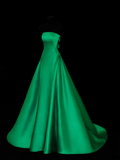 Modest Prom Dress Aesthetic Ball Gowns Strapless Green Satin Style Impress Long Prom Dresses Party Formal Gowns SA025