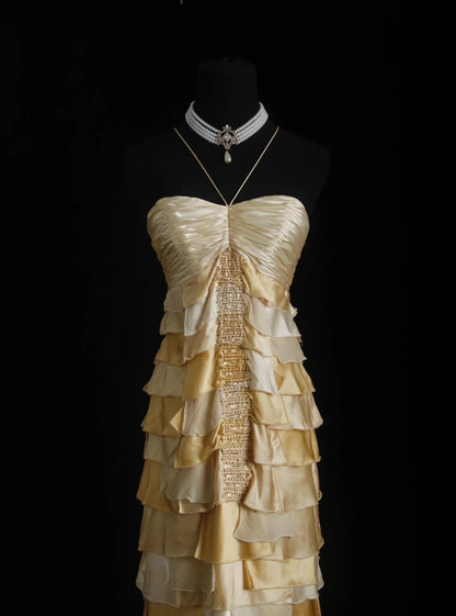 Vintage Prom Dresses 90s Formal A line Halter Gold Tiered With Beadings Long Party Gowns Prom Dresses AS025