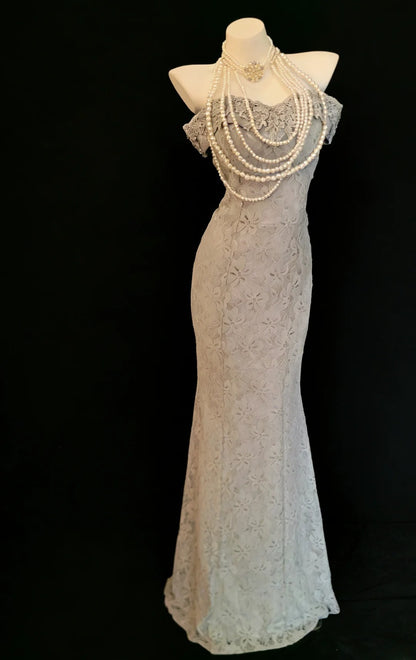 Vintage 90s Mermaid Off The Shoulder Gray Lace For Women Party Dresses Long Prom Dress 20th Birthday Gowns AS025