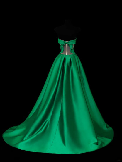 Modest Prom Dress Aesthetic Ball Gowns Strapless Green Satin Style Impress Long Prom Dresses Party Formal Gowns SA025