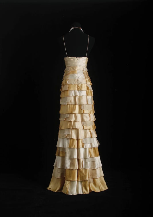 Vintage Prom Dresses 90s Formal A line Halter Gold Tiered With Beadings Long Party Gowns Prom Dresses AS025