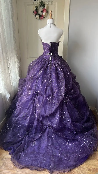 Sweet 16 Dresses Long Strapless Purple Tulle Floor Length Ball Gown Sweet Sixteen Birthday Gown RC0395