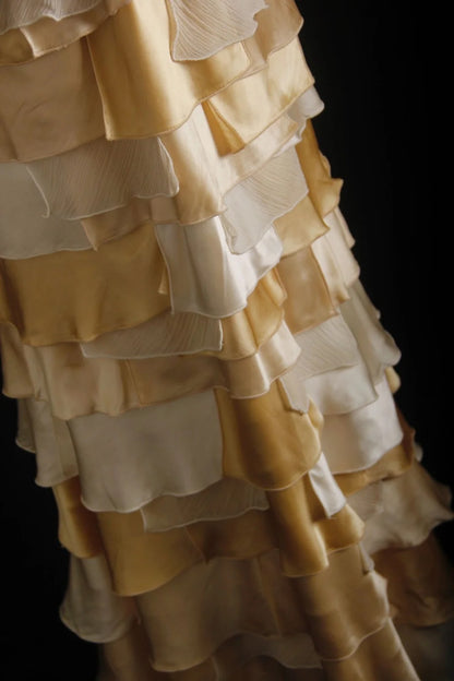 Vintage Prom Dresses 90s Formal A line Halter Gold Tiered With Beadings Long Party Gowns Prom Dresses AS025