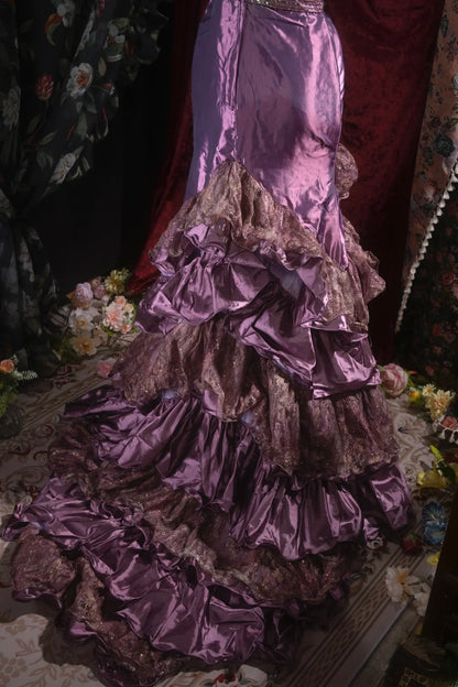 Elegant Mermaid Spaghetti Strap Purple With Beading Tiered Long Prom Dresses Formal Outfit Evening Night Dress RB8051
