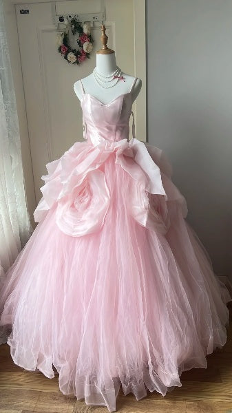 Sweet 15 Quinceanera Dress Ball Gown Spaghetti Straps Pink Tulle With Flowers Long 15th Birthday Gown RC0396