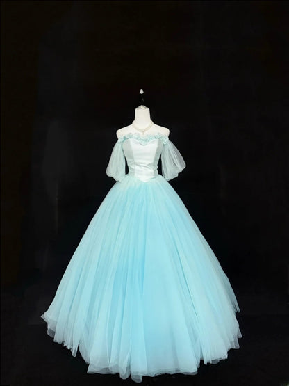 Magical Ball Gown Off The Shoulder Blue Tulle With Sleeves Quince Dress Voluminous Sweet 16 Quinceanera Dresses Vestido de RB7397