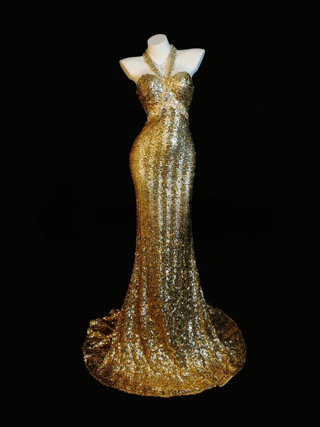 Sequin Prom Dress Mermaid Halter Gold Backless With Beading Modest Floor Length Formal Party Gown RB9831