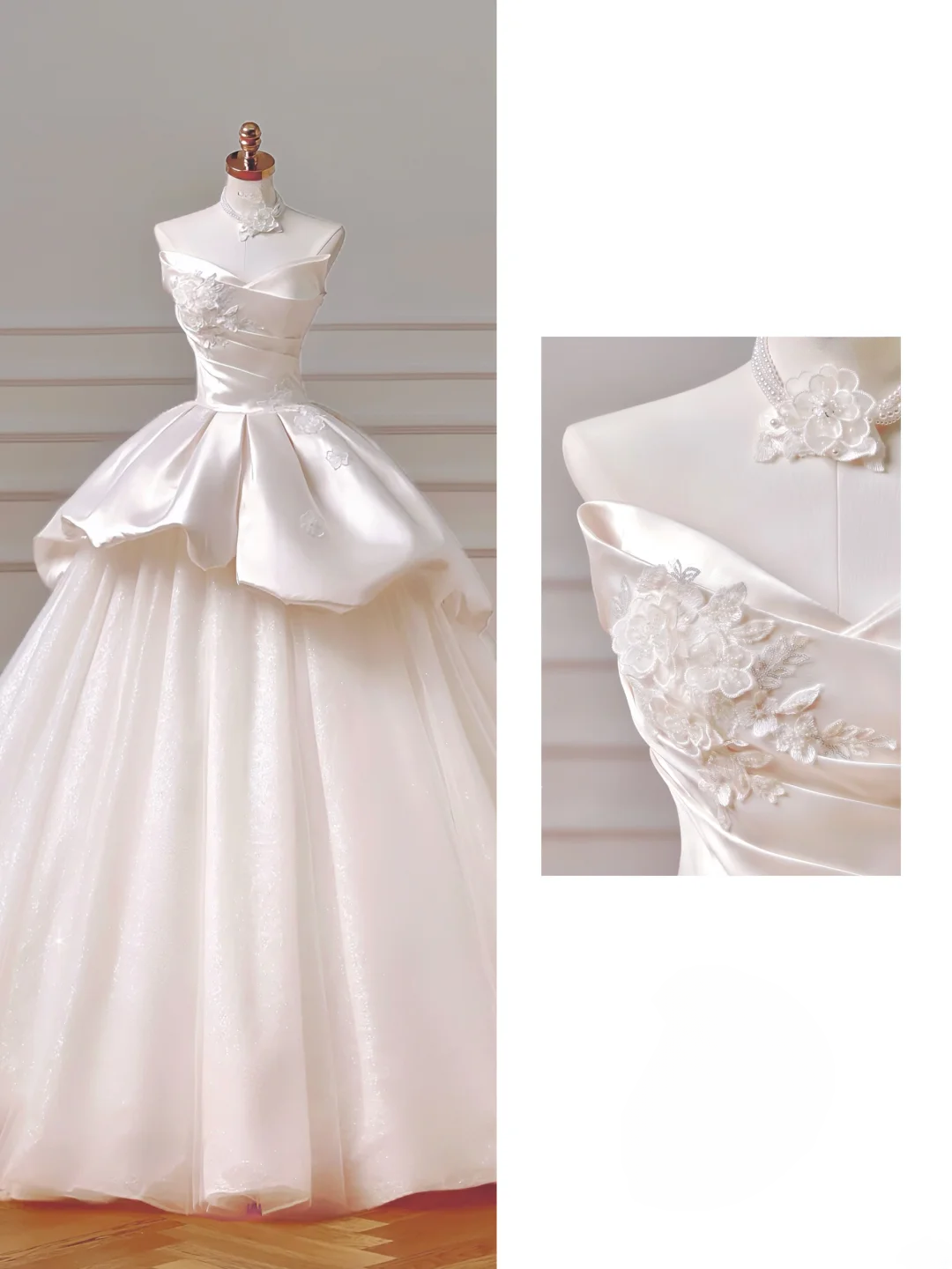 Romantic Long Wedding Dresses Ball Gown Sweetheart Satin Lace Pleated Wedding Dress Style For Brides Fitted With Sleeves Bridal Gowns AQ026