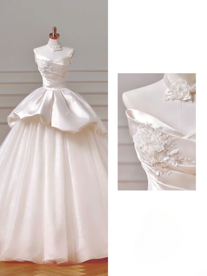 Romantic Long Wedding Dresses Ball Gown Sweetheart Satin Lace Pleated Wedding Dress Style For Brides Fitted With Sleeves Bridal Gowns AQ026