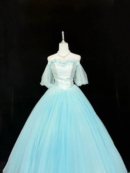 Magical Ball Gown Off The Shoulder Blue Tulle With Sleeves Quince Dress Voluminous Sweet 16 Quinceanera Dresses Vestido de RB7397