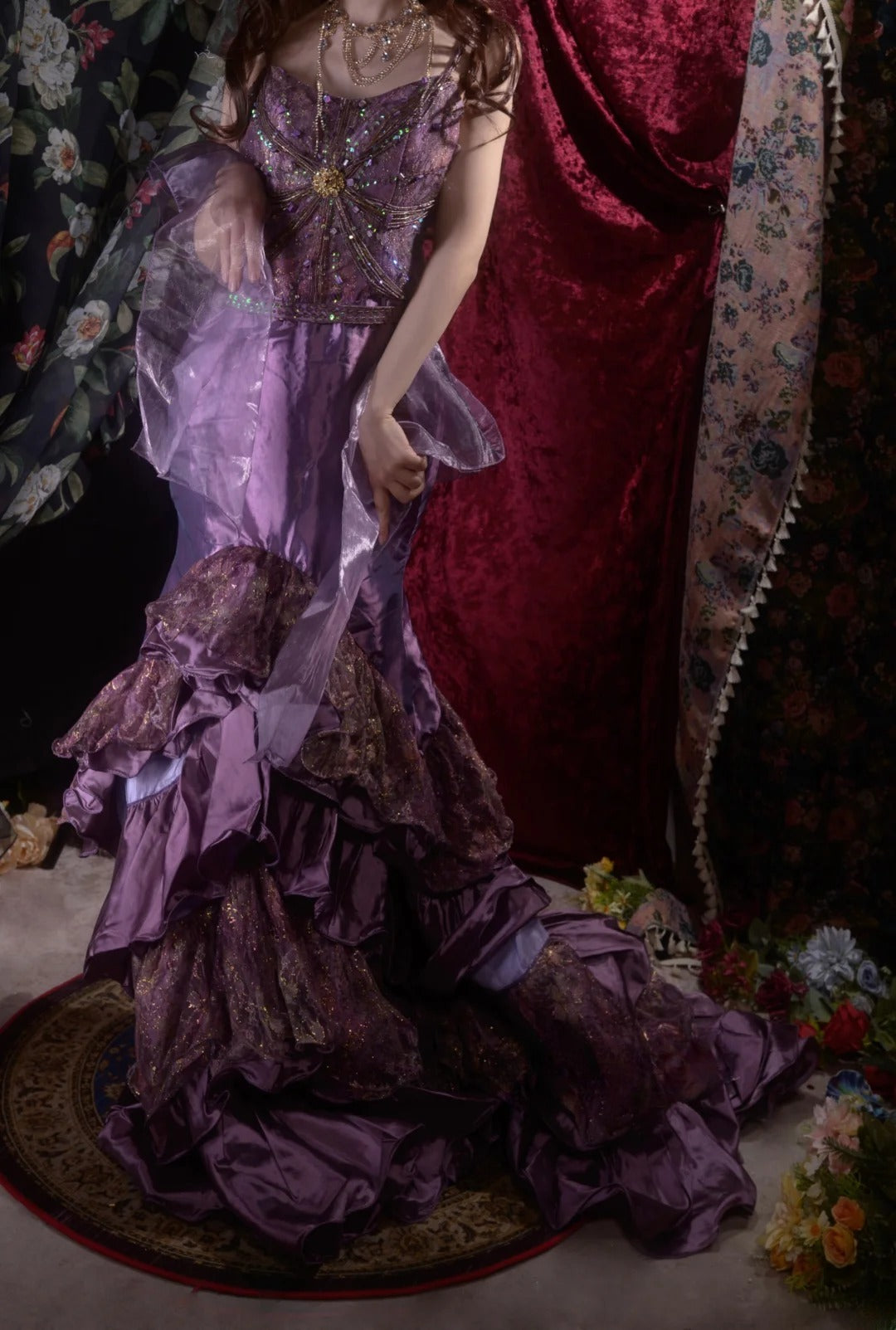 Elegant Mermaid Spaghetti Strap Purple With Beading Tiered Long Prom Dresses Formal Outfit Evening Night Dress RB8051