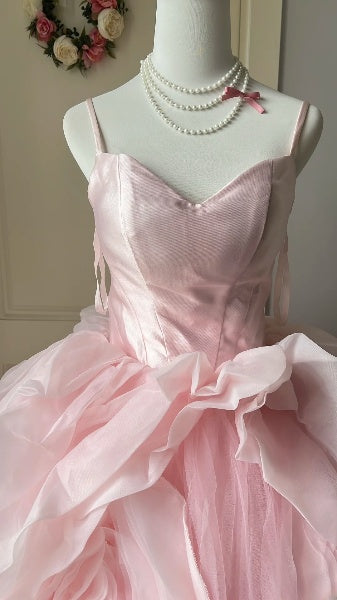 Sweet 15 Quinceanera Dress Ball Gown Spaghetti Straps Pink Tulle With Flowers Long 15th Birthday Gown RC0396