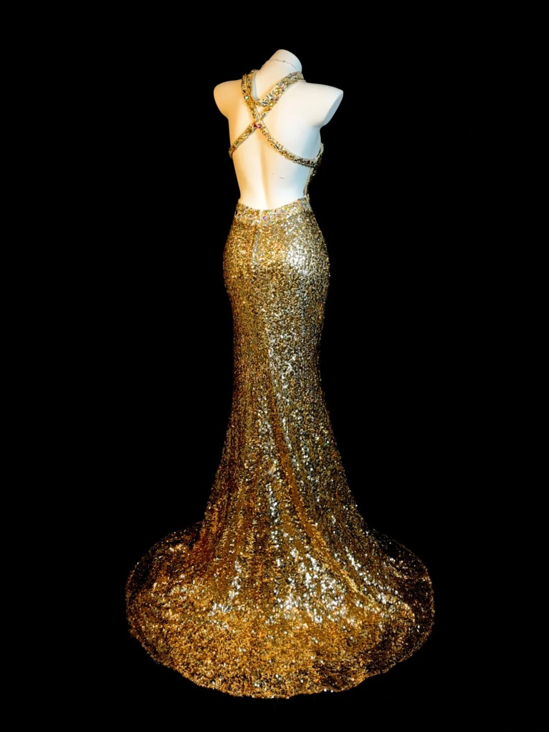 Sequin Prom Dress Mermaid Halter Gold Backless With Beading Modest Floor Length Formal Party Gown RB9831