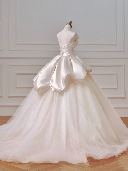 Romantic Long Wedding Dresses Ball Gown Sweetheart Satin Lace Pleated Wedding Dress Style For Brides Fitted With Sleeves Bridal Gowns AQ026
