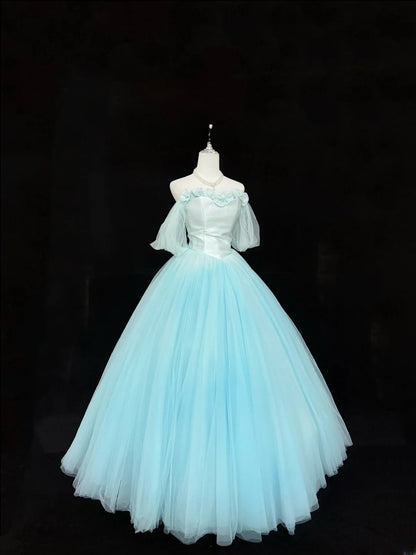 Magical Ball Gown Off The Shoulder Blue Tulle With Sleeves Quince Dress Voluminous Sweet 16 Quinceanera Dresses Vestido de RB7397