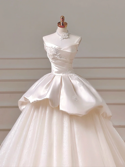 Romantic Long Wedding Dresses Ball Gown Sweetheart Satin Lace Pleated Wedding Dress Style For Brides Fitted With Sleeves Bridal Gowns AQ026