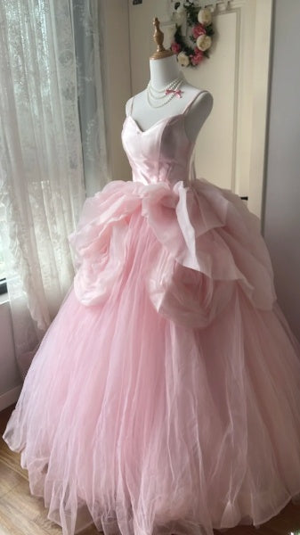 Sweet 15 Quinceanera Dress Ball Gown Spaghetti Straps Pink Tulle With Flowers Long 15th Birthday Gown RC0396