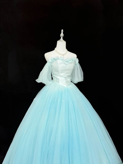 Magical Ball Gown Off The Shoulder Blue Tulle With Sleeves Quince Dress Voluminous Sweet 16 Quinceanera Dresses Vestido de RB7397