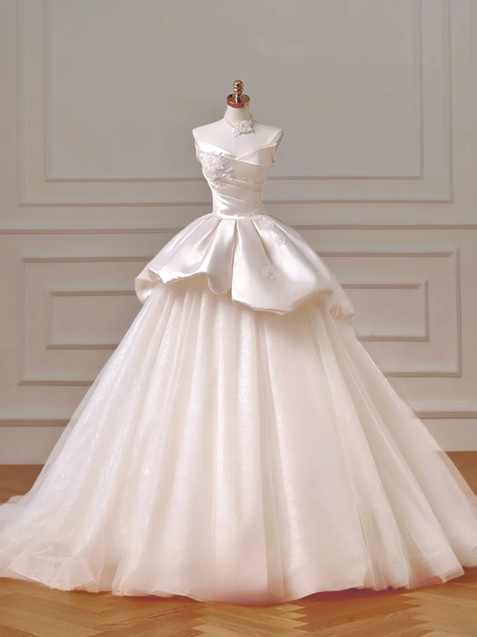 Romantic Long Wedding Dresses Ball Gown Sweetheart Satin Lace Pleated Wedding Dress Style For Brides Fitted With Sleeves Bridal Gowns AQ026
